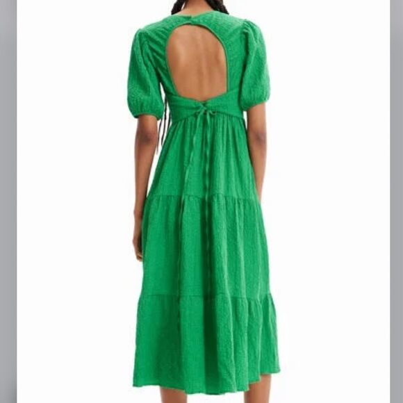 Desigual Green Textured Open Back Tiered Puff Sleeve Dress NEW - Picture 2 of 16